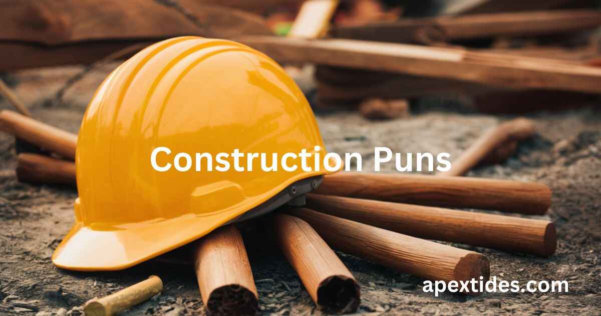 A humorous illustration featuring various construction puns tailored for construction workers, showcasing the theme of construction-puns.