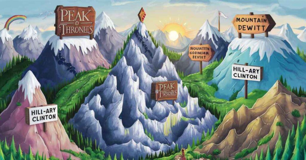 A painting depicting a mountain range adorned with signs, illustrating the theme of scaling new heights in witticisms and puns.