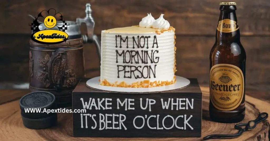 A humorous depiction of a person reluctant to wake up, emphasizing "Alcohol Puns for Boyfriend" with a beer clock theme.