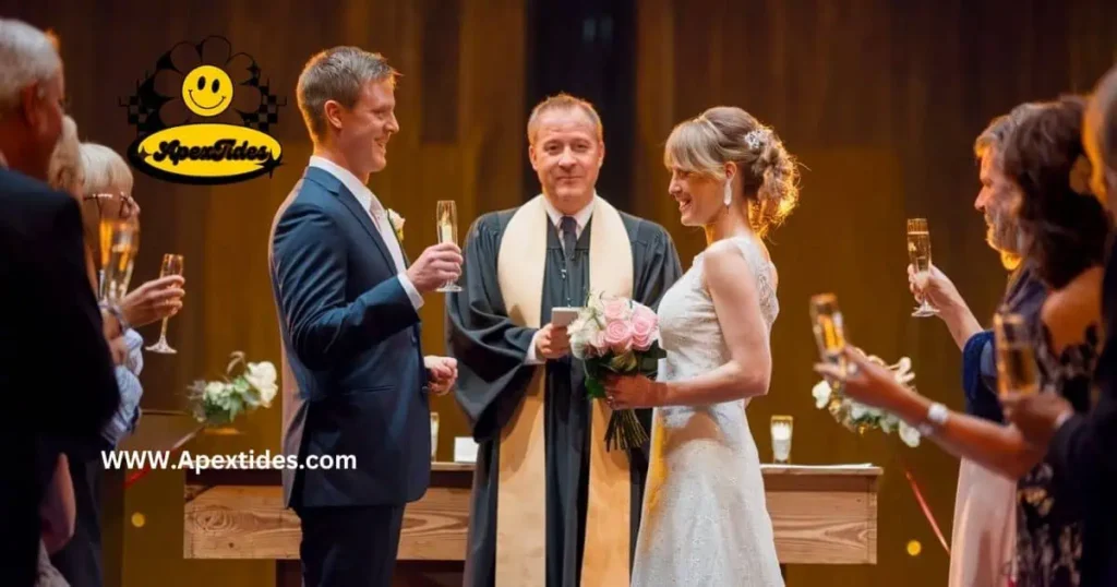 A couple joyfully toasts with glasses of champagne at their wedding, celebrating love and laughter with Alcohol Wedding Puns.