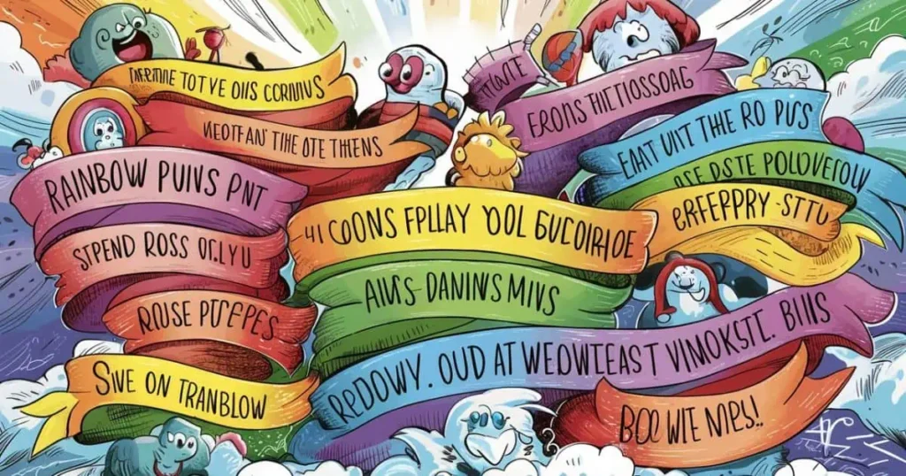 Cartoon drawing of a vibrant rainbow featuring various characters, embodying Colorful One-Liner Rainbow Puns.