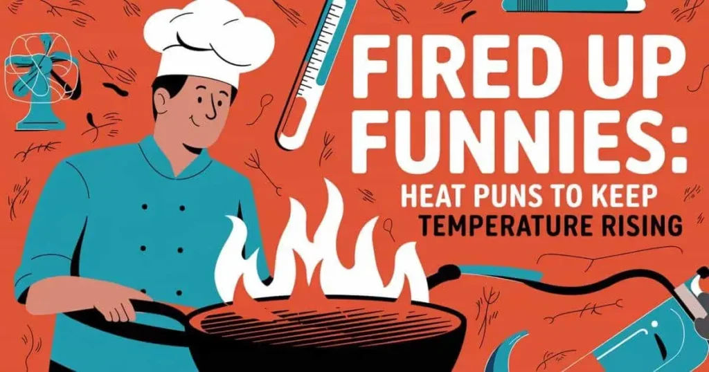 A vibrant cookbook poster featuring the title "Fired Up Funnies" with humorous illustrations and lively colors.