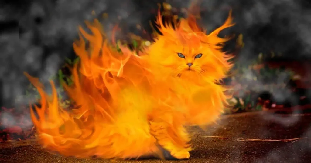 A cat with flaming fur walks confidently, embodying a humorous and fiery spirit in its unique appearance.