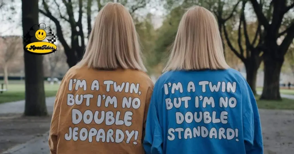 Two women in humorous shirts reading "I'm a twin but I'm not" showcasing the fun of twinning with a playful twist.