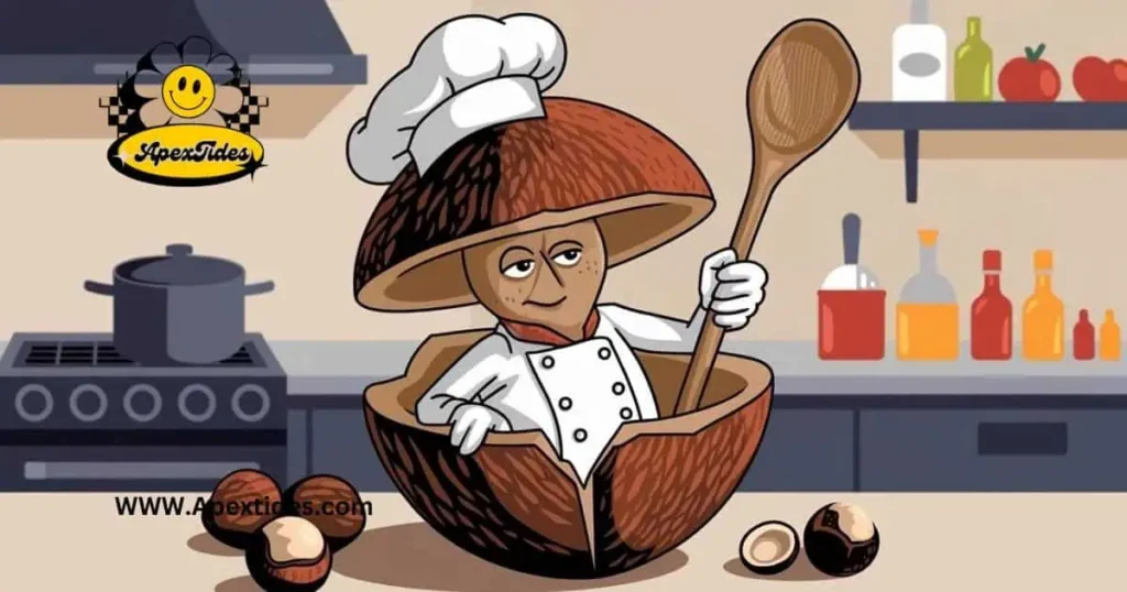 Cartoon chef joyfully holds a spoon in a shell, embodying the playful spirit of Hazelnut Puns.