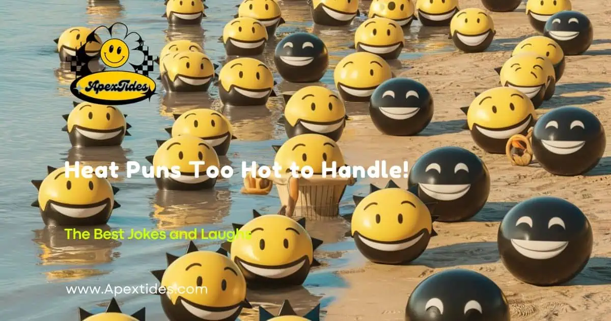 A joyful group on the beach, showcasing smiles with the phrase "heat run, too hot to handle," highlighting heat puns.