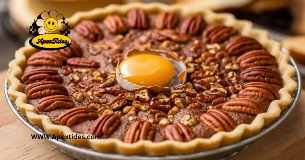 A delicious pie topped with a perfectly cooked egg and sprinkled with pecans, embodying the essence of Pecan Humor.