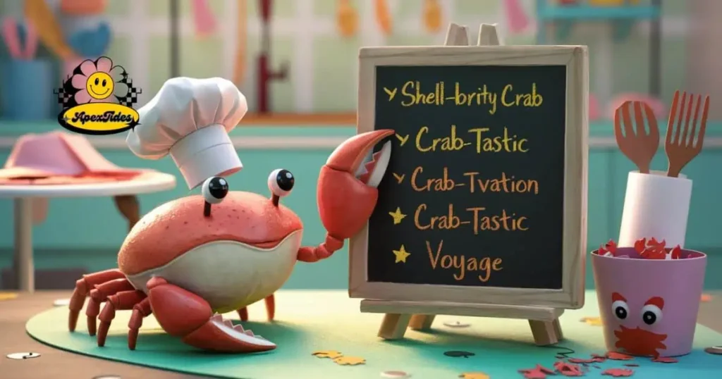 A cartoon crab stands beside a chalkboard displaying a list of items, titled "Pinching the Best Crab."