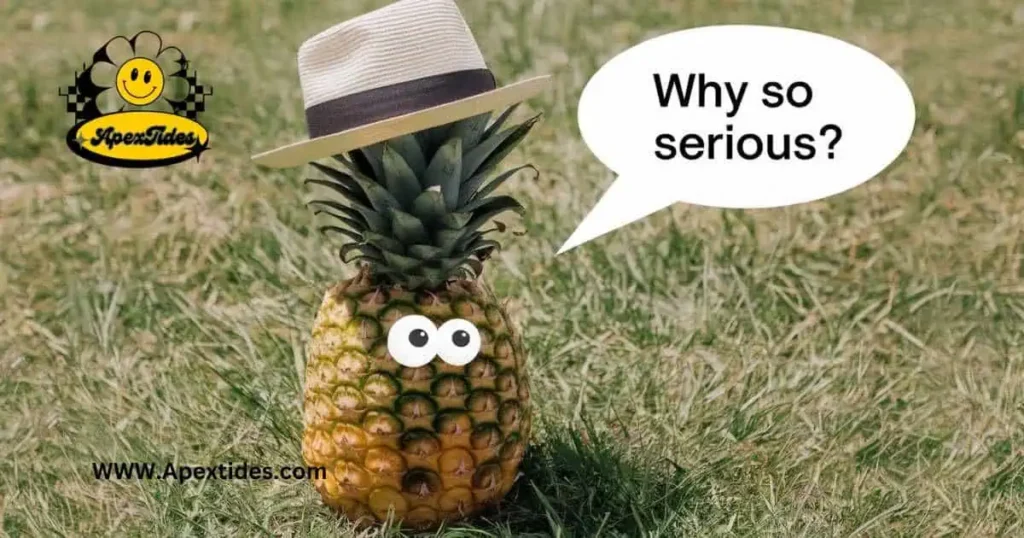 A humorous image featuring a serious-looking pineapple, captioned with "Pineapple Puns Captions: Why so serious?"