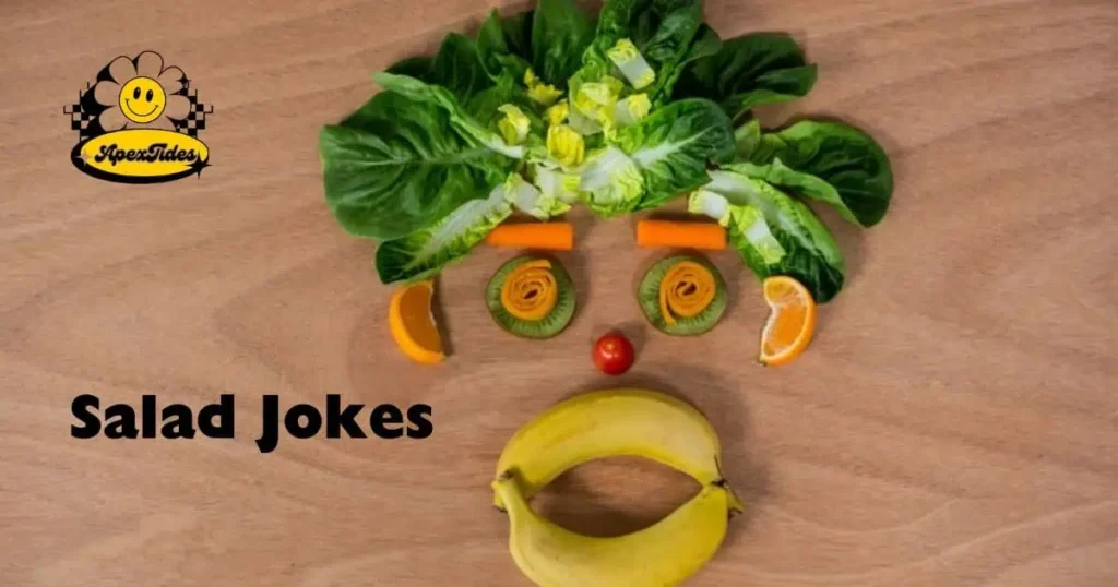 A whimsical clown face crafted from colorful vegetables and fruits, embodying the spirit of salad jokes.