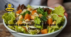 A colorful array of salad ingredients with humorous text showcasing various salad puns that inspire laughter.