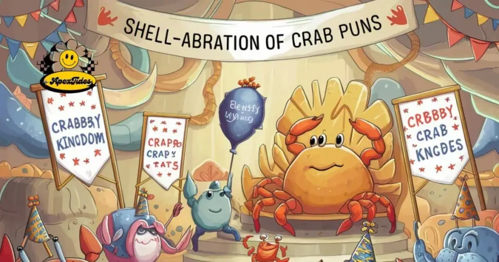 A whimsical display featuring a "Shell-abration of Crab Puns" with colorful crab illustrations and playful text.