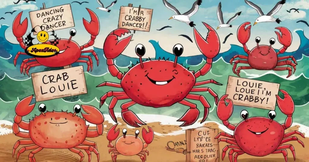 Clipart depicting crabs on the beach, illustrating "The Art of Crab Puns" with a playful seaside theme.