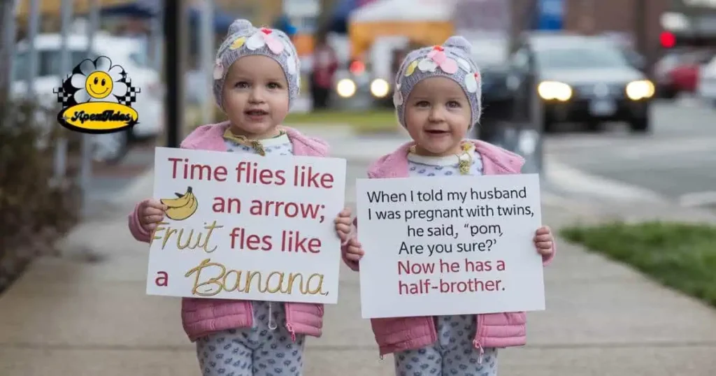 Two young girls hold signs reading "Time lives like an arrow," embodying the essence of "Twin Puns for Everyday Life."