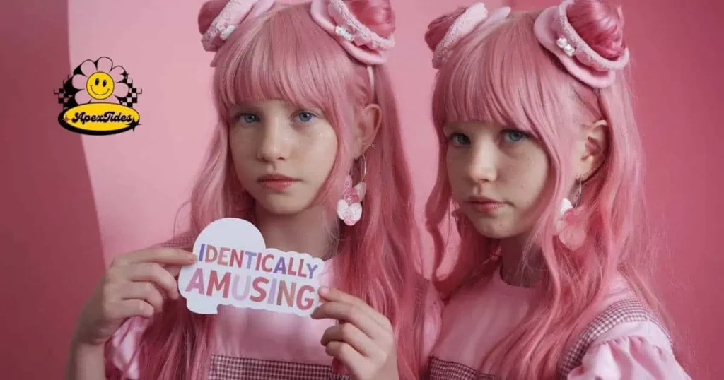 Two girls with pink hair hold signs reading "Don't call me a singer," showcasing a playful take on Twin-Themed Wordplay.