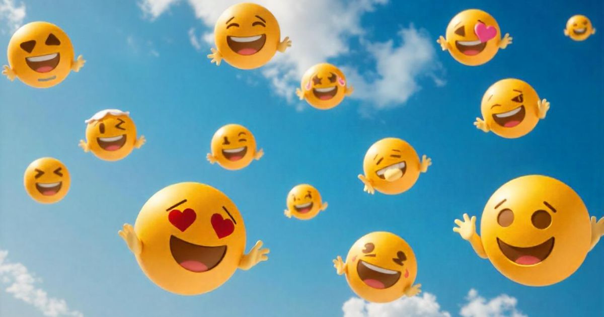 A vibrant sky filled with various emoticons soaring, representing the theme of "Air Puns" in a whimsical manner.