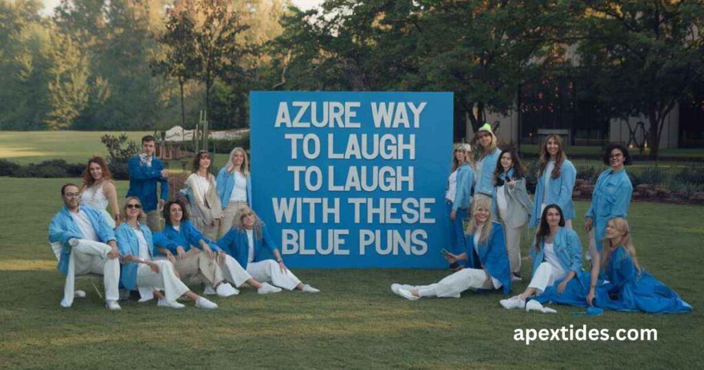 A cheerful graphic featuring the phrase "Azure way to laugh with these blue puns" to uplift your spirits and brighten your day.