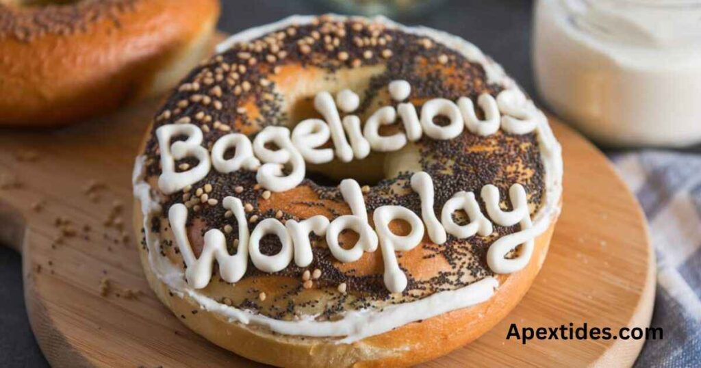 An artistic representation of the phrase "bagelicious wordplay" creatively illustrated with bacon elements.