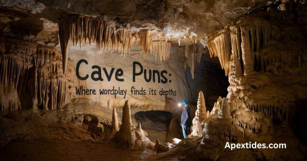 A humorous illustration showcasing cave puns where wordplay brings joy to exploring underground wonders.