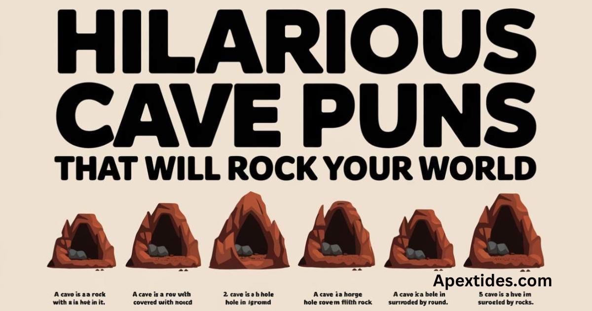 A colorful poster featuring the phrase "hilarious cave puns that will rock your world," highlighting the theme of cave puns.