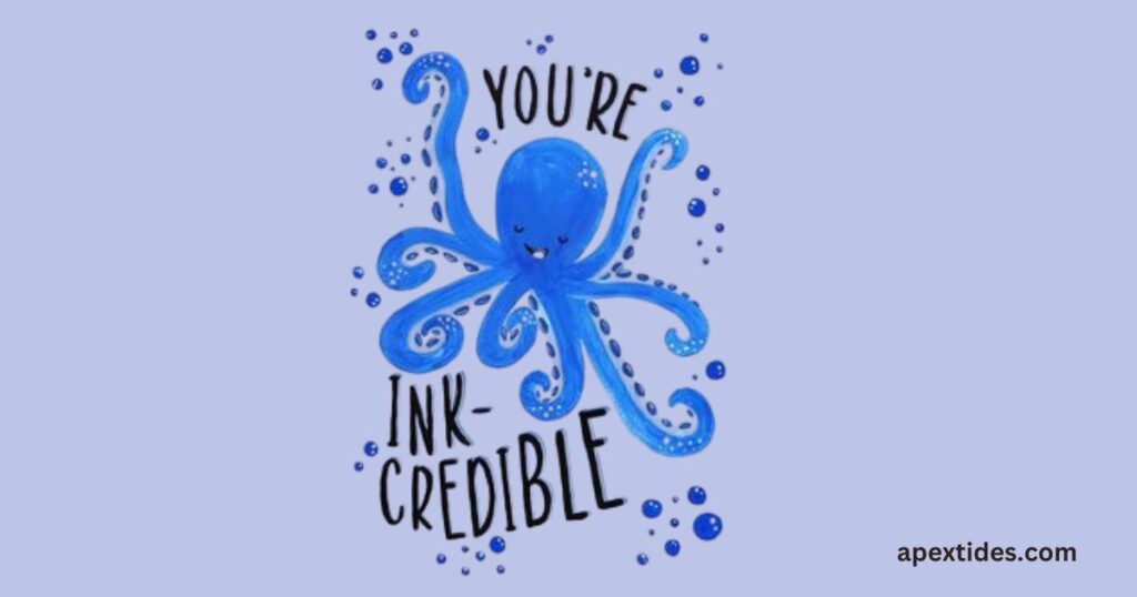 A whimsical octopus surrounded by ink splashes, embodying the essence of "ink-credible-one-liner-octopus-puns."