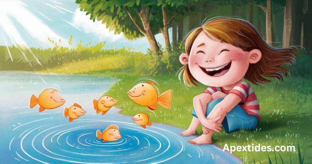 A girl sits on the grass, joyfully feeding fish, embodying the essence of making waves with lake laughter.