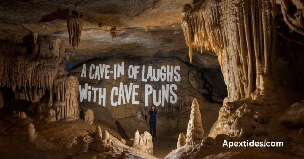 A vibrant poster featuring the phrase "Hilarious Cave Puns That Will Rock Your World," highlighting one liner cave puns.