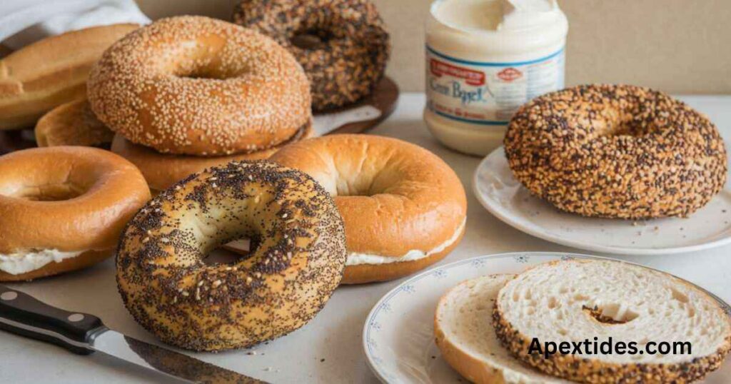 A table adorned with a variety of bagels and foods, perfect for enjoying short bagel puns with friends and family.