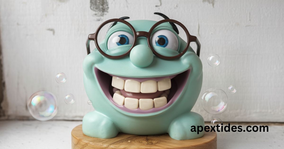 A cheerful green cartoon character with glasses, smiling, embodies the playful spirit of soap-puns in a vibrant design.