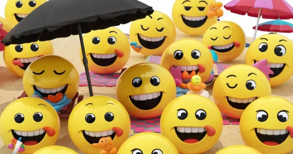 Numerous yellow emoticons enjoying a sunny day at the beach, perfectly capturing the essence of being "too hot to handle."