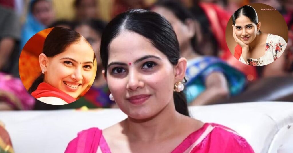 Candid shot of Jaya Kishori reading scriptures with a serene smile, symbolizing her real name Jaya Sharma and deep-rooted spirituality.