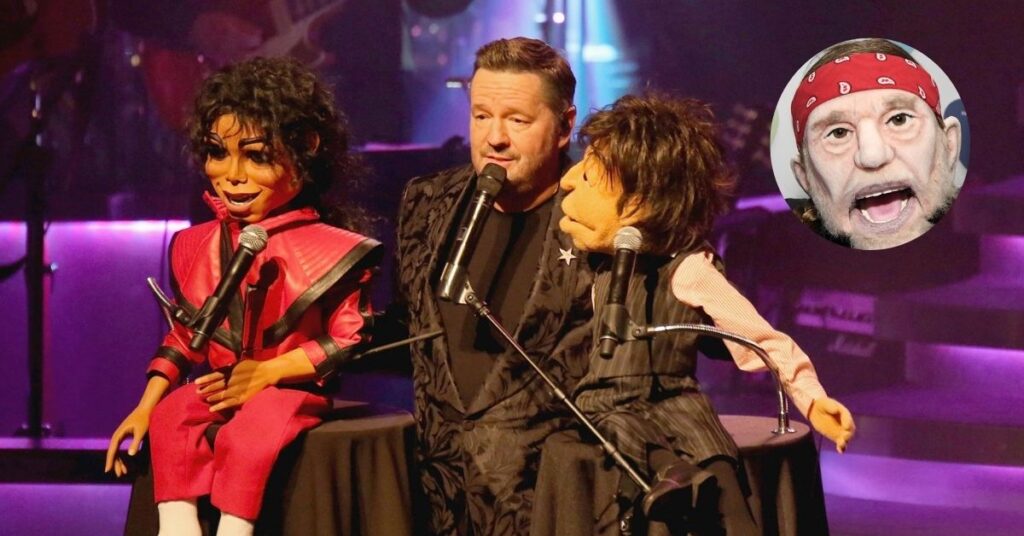 Terry Fator standing tall on stage, demonstrating his 6-foot height while performing celebrity impressions with his puppets in 2025.

